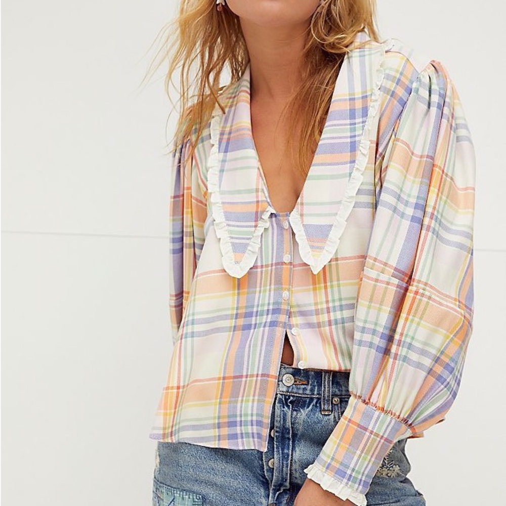 Free People Pastel Plaid Blouse with Ruffle Collar